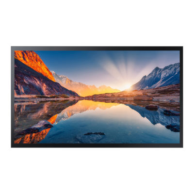 Digital signage monitor viewed from the front, showing a sunset over mountains on screen